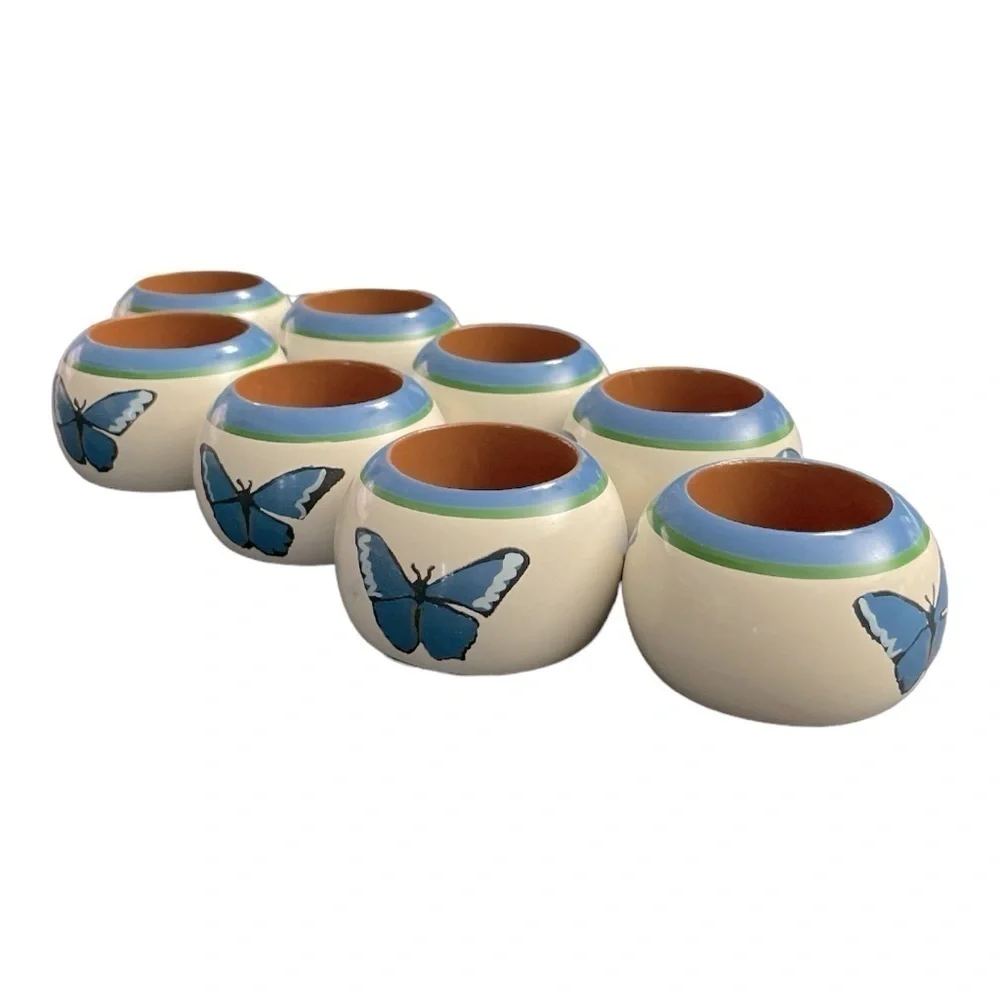 Pimpernel Napkins & Rings Butterfly Design ONE SET of 8. Hand painted wooden